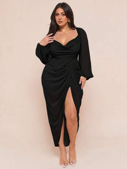 SHEIN BAE Vestido elegante de fiesta y cita para mujer talla grande, con cuello drapeado, volantes, bajo asimétrico con abertura y manga larga, color verde guisante con destellos y lentejuelas