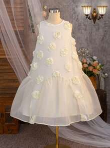 Elegantes ärmelloses Kleid mit 3D-Blumenmuster aus Organza-Patchwork in A-Linie für Tween-Mädchen - Aprikosenfarben - Übersicht 11