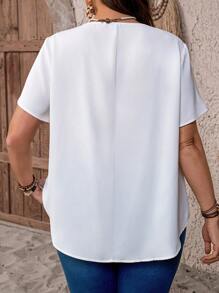 EMERY ROSE Blusa holgada de manga corta con cuello en V y pliegues de talla grande, para looks casuales de día de campo o vacaciones. Simple y de moda para uso diario. Blusas de verano para mujer, outfits de verano para mujer