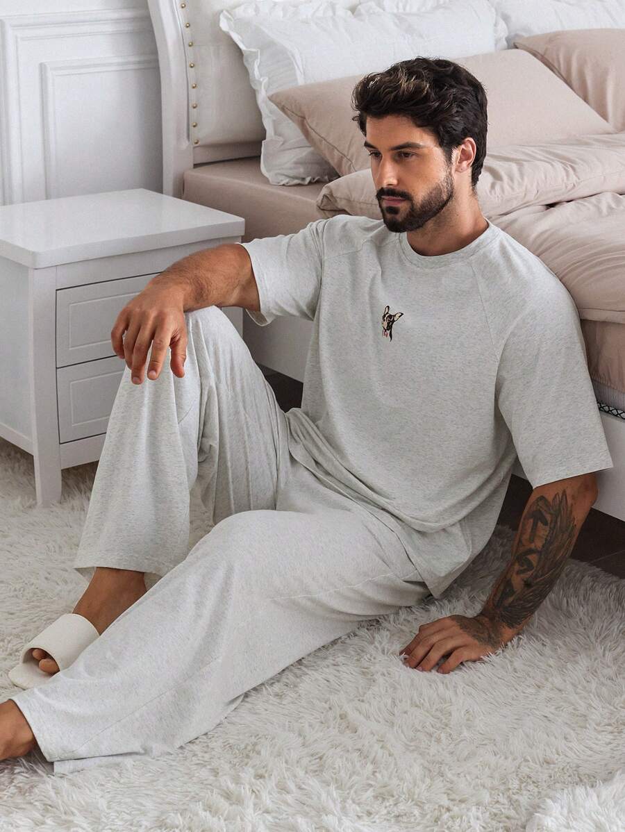 DAZY Gray Dog Graphic Print T-Shirt Matched With Men's Lounge Home Outfit Set, Summer Pajama - Grey - View 1