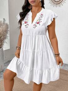 SHEIN Clasi Plus Size V-Neck Floral Embroidered Ruffle Hem A-Line Dress, Boho Vacation Dress, For Summer