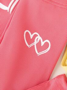 SHEIN 女婴春季休闲户外运动罗纹面料心形印花无袖上衣和松紧腰宽松裤子两件套服装 - 彩色 - 查看 4