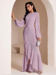 Veilorie 女士纯色圆领灯笼袖鱼尾下摆优雅连衣裙 - 紫色 - 查看 5
