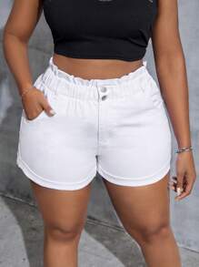 SHEIN PETITE CURVE Women Plus Size White Denim Roll-Up Hem Shorts Summer Summer For Women Vacation Women Cowgirl For Women Western Wear Women Business Casual Woman Festival Airport For Women Graduation Ibiza Beach Hawaii Women Concert For Women Cruise Women Boho Ruffle Shorts - White - View 5