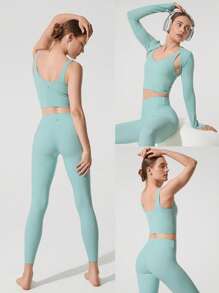 GLOWMODE FeatherFit™ U Back Cropped Active Tank Top Low Impact Yoga Daily Fall Winter - Mist Green - View 7