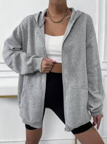 SHEIN Solid Drop Shoulder Zip Up Thermal Hoodie,Long Sleeve Tops Graduation,Back To School Outfits,Graduation,Teacher Outfits For Women,Back To School Pullover Fall Outfit