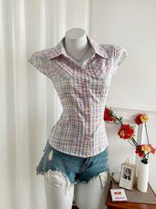 Sweetra 女式复古多巴胺彩色条纹领扣修身百搭短袖衬衫