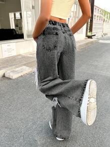 SHEIN 少女 Y2K 低腰狂野 90 年代浅色水洗街头斜口袋破洞宽松直筒牛仔裤，度假女孩 - 黑色 - 查看 2
