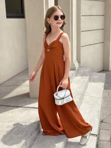 SHEIN Tween Girl 休闲度假粘胶纤维蝴蝶结扭纹吊带背心宽腿宽松连体裤，棕色