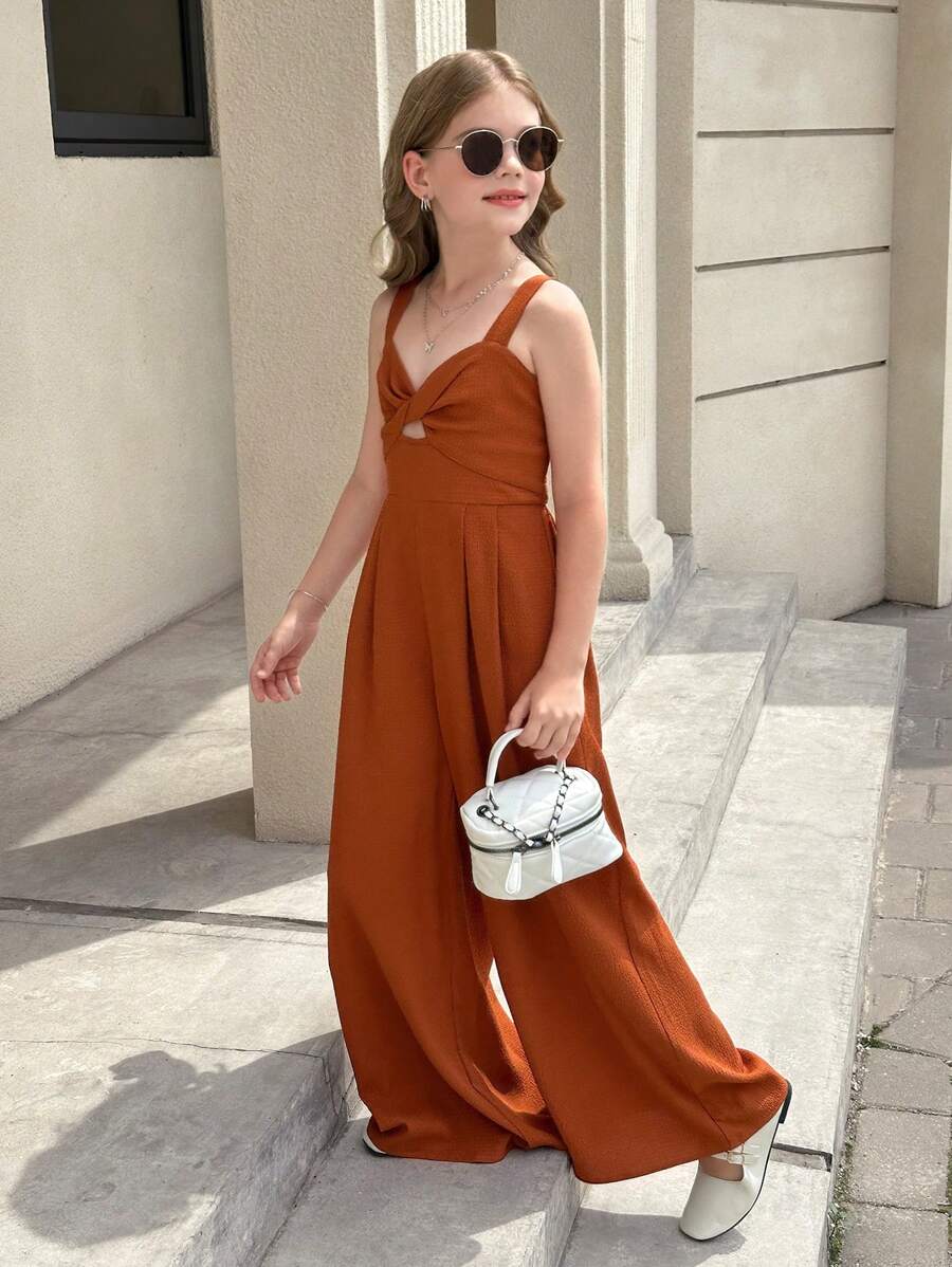 SHEIN Tween Girl 休闲度假粘胶纤维蝴蝶结扭纹吊带背心宽腿宽松连体裤，棕色