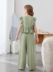 SHEIN Leap Crew 少女两件套：V 领荷叶边衬衫和蝴蝶结阔腿裤，休闲度假装，乡村时尚风格，适合春季花园茶 - 薄荷綠 - 查看 2