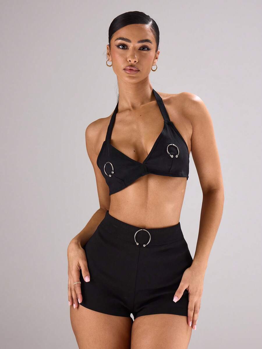MUSERA V Neck Halter Neck Bralette Chest Stud Detail Festival, Concert, Rave, Club, Summer, Sexy Backstage - Black - View 1