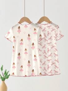 SHEIN 2pcs Baby Girls Ballet Dancer Bow Decor Ruffle Hem Dress Sleepwear Set, Multi-Pieces For Summer - Multicolor - View 2