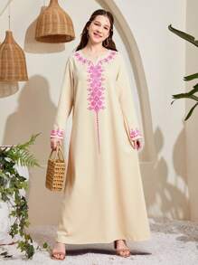 SHEIN Leap Crew Teen Girls Pattern Print Maxi Long Dress - Khaki - View 3