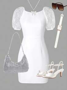 Women White Solid Color Square Neck Lace Embroidered Puff Sleeve Bow Mini Dress, Elegant French Style - White - View 2