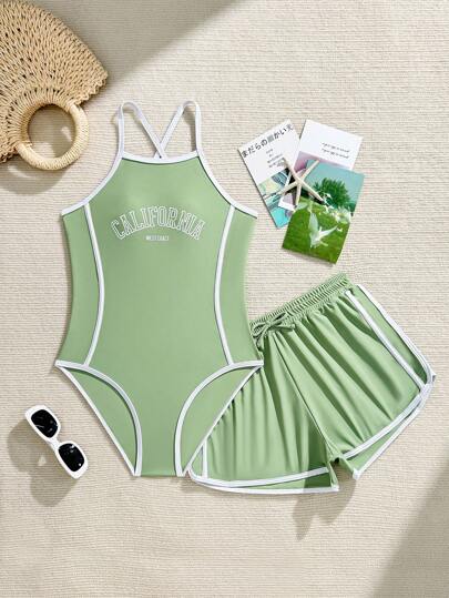 SHEIN Girls Fresh Green Minimalist Sweet Solid Color One-Piece Swimsuit And Bottoms Summer Holiday