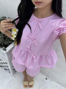 2件套青少年女孩休闲舒适圆领泡泡袖蝴蝶结衬衫和短裤套装 - 粉色 - 查看 6