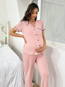 SHEIN Maternity Simplistic Trim Button Front Shirt And Pants Loungewear Set
