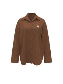 SHEIN 女式休闲日常长袖纽扣衬衫，带有马匹刺绣，秋季上衣