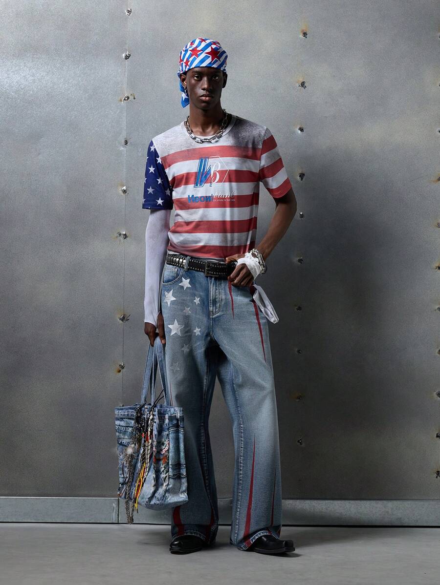 NEON BLANC Men's Street Style Loose-Fit Flared Leg Denim Jeans For Fourth Of July/4th Of July, Streetwear Style - Blue - View 1