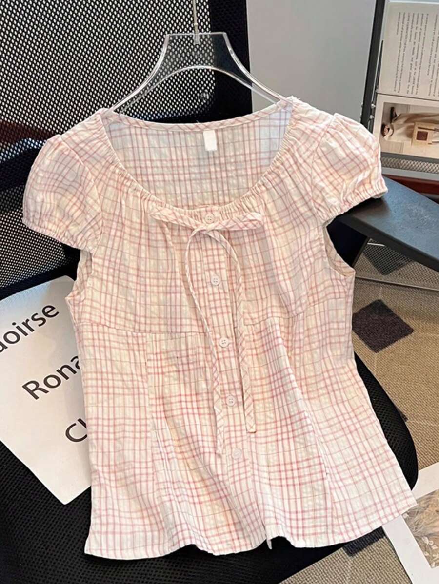 SHEIN 女士粉色和白色法式格子系带前扣荷叶边衬衫，可爱甜美