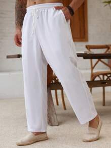 Manfinity Homme Plus Size Men's Casual Multipurpose Drawstring Waist Solid Color Linen Pants, White It Is Great For Couples And Makes An Excellent Gift Idea For Boyfriends Or Husbands, Fall - White - View 6