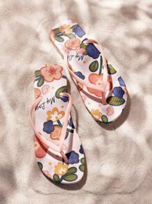 Grefit Women Shoes Beach Flip Flops, Colorful Flat Slides Beach Thong Sandals, Slip-On Style, Lightweight & Comfortable, Non-Slip Suitable For Outdoor Walking, Street Fashion, Versatile Flat Slippers Indoor & Outdoor Wear Flip Flops Vacation Season Tropical Escape Florals - Pink - View 1