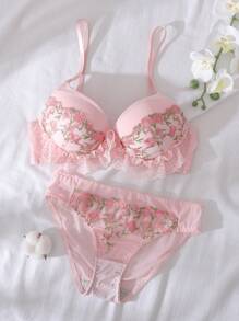 Dream Adore 2pcs Floral Embroidered Romantic Pastoral Sweet Ladies Lingerie Set, Kawaii Bountiful Floral Splendor  Cozy And Elegant Details