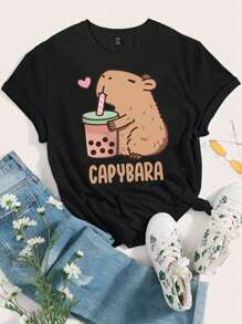 Women's Casual Creative Cute Capybara Graphic Print Basic Short Sleeve Tee, Stylish - Black - View 4