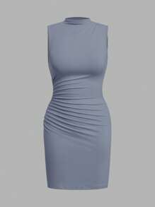 SHEIN EZwear Women's Solid Color Stand Collar Mini Knit Dress, Summer - Dusty Blue - View 5