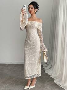 Feyla Đầm dài tay loe trễ vai ren trơn màu thanh lịch cho nữ - Màu be - Xem 2