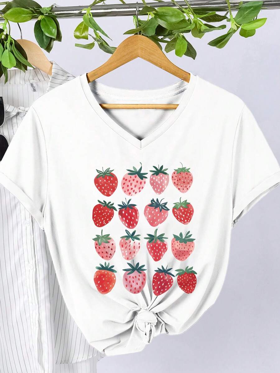 Calvaya Plus Size Women's Cute Strawberry Print V-Neck Short Sleeved Casual T-Shirt - White - View 1