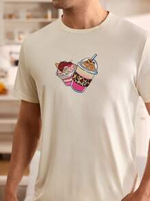 SHEIN 2pcs/Set Men Graphic Print Crew Neck Short Sleeve Top And Shorts Pajama Set - Apricot - View 7