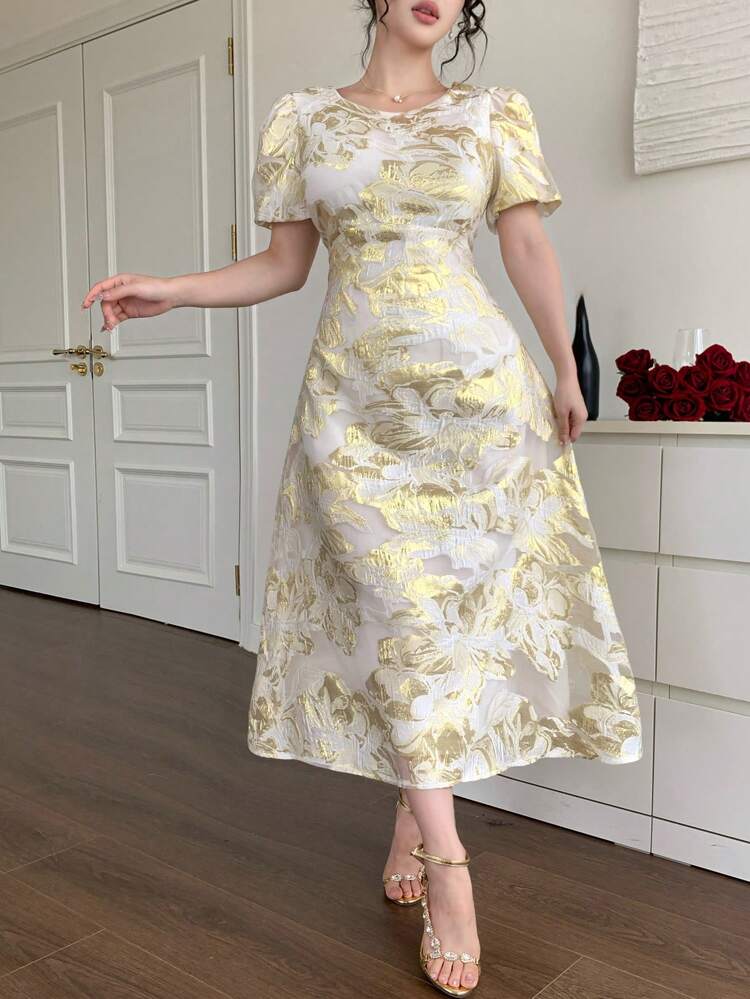 Midi Floral Print V-Neck Puff Sleeve A-Line Dress For Women
