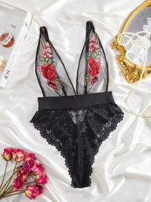 SHEIN Plus Floral Lace Embroidery Teddy Bodysuit