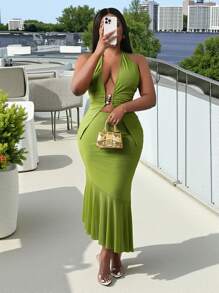 Slaydiva 2025 Spring/Summer New Arrival Plus Size 2 Pieces Set: Green Sexy Sheer Mesh Bodycon Sleeveless Solid Color Mini Skirt & Crop Top For Vacation - Green - View 9
