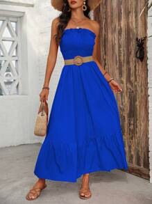 Breezaya 女士休闲露肩夏季假日连衣裙，带有简单的褶边装饰，长款女士服装 - 藍色 - 查看 3