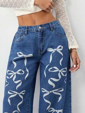 SHEIN Tall Women's Casual Fit Bowknot Low Waist Wide Leg Jeans, Blue Barrel Leg Jeans Straight Denim Fit Baggy Jeans Low Rise Jeans Tall Women Clothes