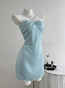 SHEIN Unity Mature Graceful Solid Color Silk-Like Satin Fitted Pleated Bandeau Women Dress - Blue - View 4