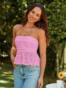 SHEIN VCAY 女式夏季镂空刺绣纯色荷叶边下摆短款上衣 - 粉色 - 查看 3