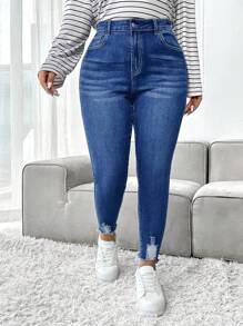 SHEIN ICON Plus Size Distressed Washed Slim Fit Denim Jeans - Medium Wash - View 4