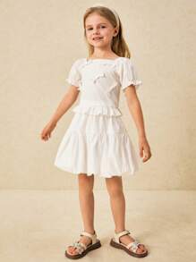 SHEIN Young Girls Elegant Cream Bow Decor Puff Sleeve Top And Mini Skirt Set - White - View 6