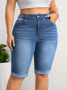 SHEIN Essnce Plus Size Fashionable Side Pocket Washed Rolled Hem Denim Shorts, Summer