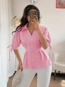 SHEIN Franclia Áo thun nữ tay ngắn thanh lịch, thiết kế eo thon, tay bồng, che bụng - Màu Hồng baby - Xem 5