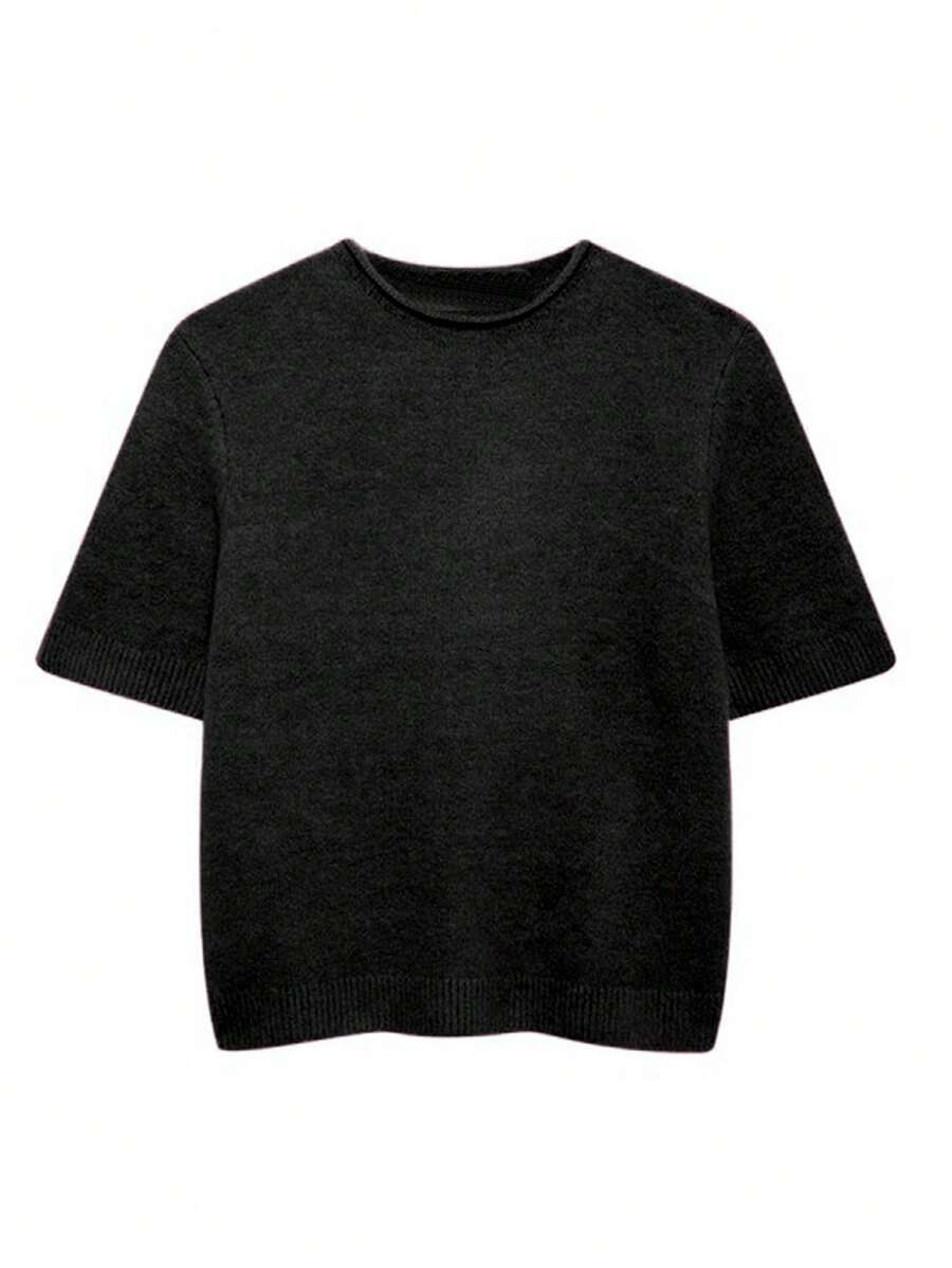 INAWLY Áo len dệt kim cổ tròn tay ngắn màu trơn cho nữ, mùa hè - màu đen - Xem 1