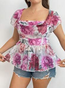 Sunnyshic Camicetta a-line con colletto arricciato e vita segnata, stile vacanza, taglie comode