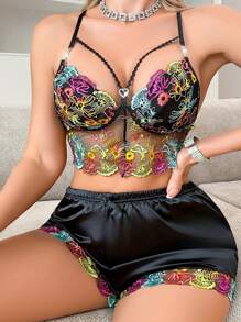 SilkySpell Elegant Vintage Colorful Embroidery Mesh Lingerie Set, Sexy And Sheer - Black - View 4