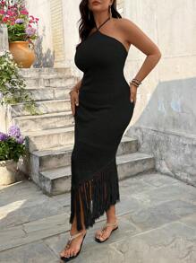 SHEIN VCAY Vestido de vacaciones con ajuste en la cintura y flecos para tallas grandes, estilo halter