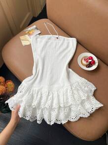 Comfortcana Vestido corto de mujer de punto blanco con diseño calado, bordado y parches - Blanco - Ver 3