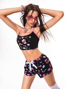 Desen animat drăguț, desen cu creion, set de lenjerie de dormit cu imprimeu figuri anime pentru femei